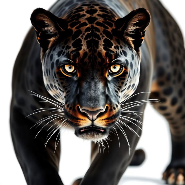 A striking close-up photograph of a majestic black jaguar, captured in full view as it faces the camera, moving stealthily against a bright white background