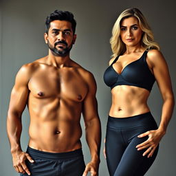 A middle-aged Indian man with tanned skin, confidently standing, wearing a stylish V-cut underwear that highlights his toned physique