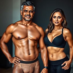 A middle-aged Indian man with tanned skin, confidently standing, wearing a stylish V-cut underwear that highlights his toned physique