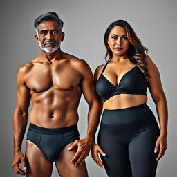 A middle-aged Indian man with tanned skin, confidently standing, wearing a stylish V-cut underwear that highlights his toned physique