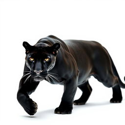 A striking raw photograph of a majestic black jaguar, captured in full view as it faces the camera, moving stealthily against a clean white background