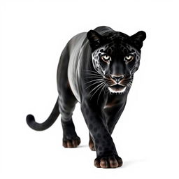 A striking raw photograph of a majestic black jaguar, captured in full view as it faces the camera, moving stealthily against a clean white background