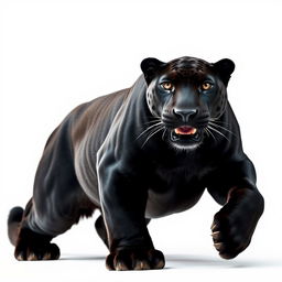 A striking raw photograph of a majestic black jaguar, captured in full view as it faces the camera, moving stealthily against a clean white background