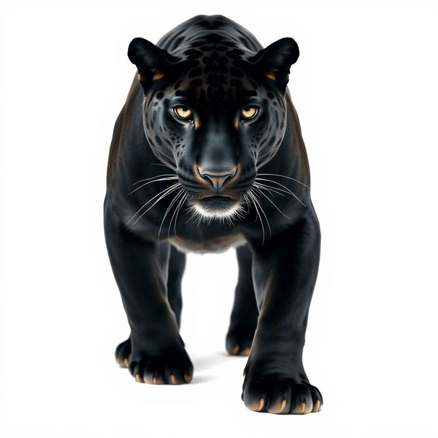 A striking raw photograph of a majestic black jaguar, captured in full view as it faces the camera, moving stealthily against a clean white background