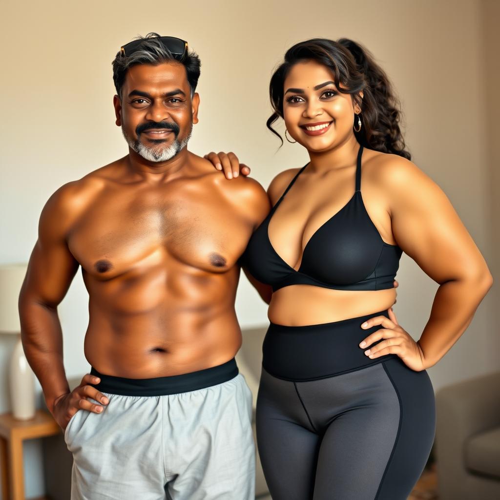 A middle-aged Indian man, tanned skin, confidently standing wearing a V-cut underwear that accentuates his physique