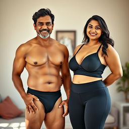 A middle-aged Indian man, tanned skin, confidently standing wearing a V-cut underwear that accentuates his physique