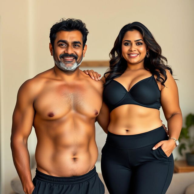 A middle-aged Indian man, tanned skin, confidently standing wearing a V-cut underwear that accentuates his physique