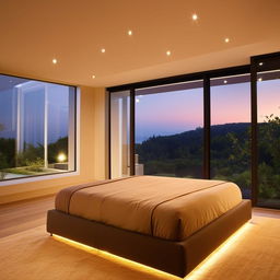 A cozy yet modern bedroom design featuring warm led lights, a plush king-size bed, soft beige carpet, minimalist furniture, and large windows showcasing a serene outdoor view.