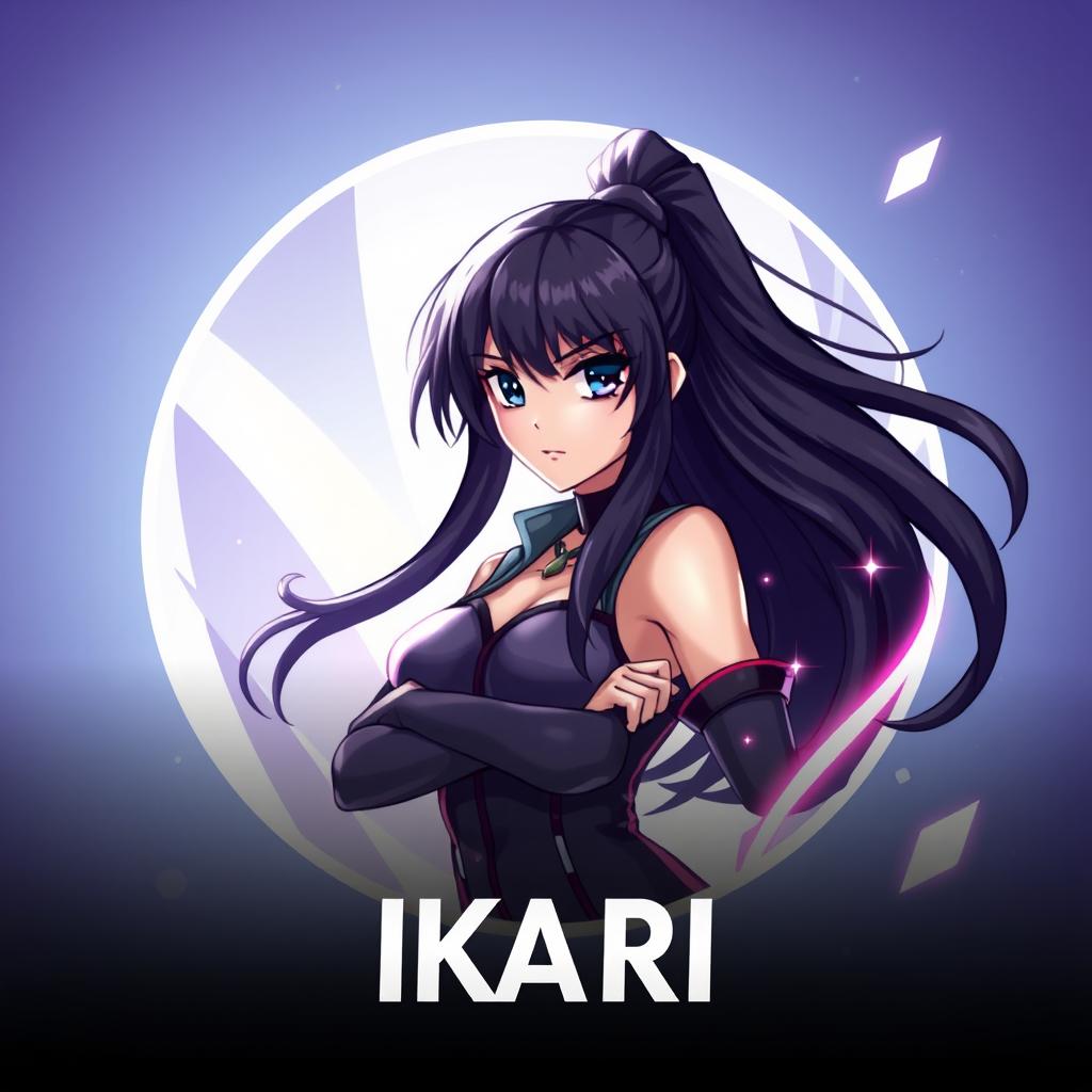 A captivating Discord server icon featuring an anime grown woman with long, flowing black hair and striking, expressive eyes