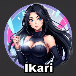 A captivating Discord server icon featuring an anime grown woman with long, flowing black hair and striking, expressive eyes