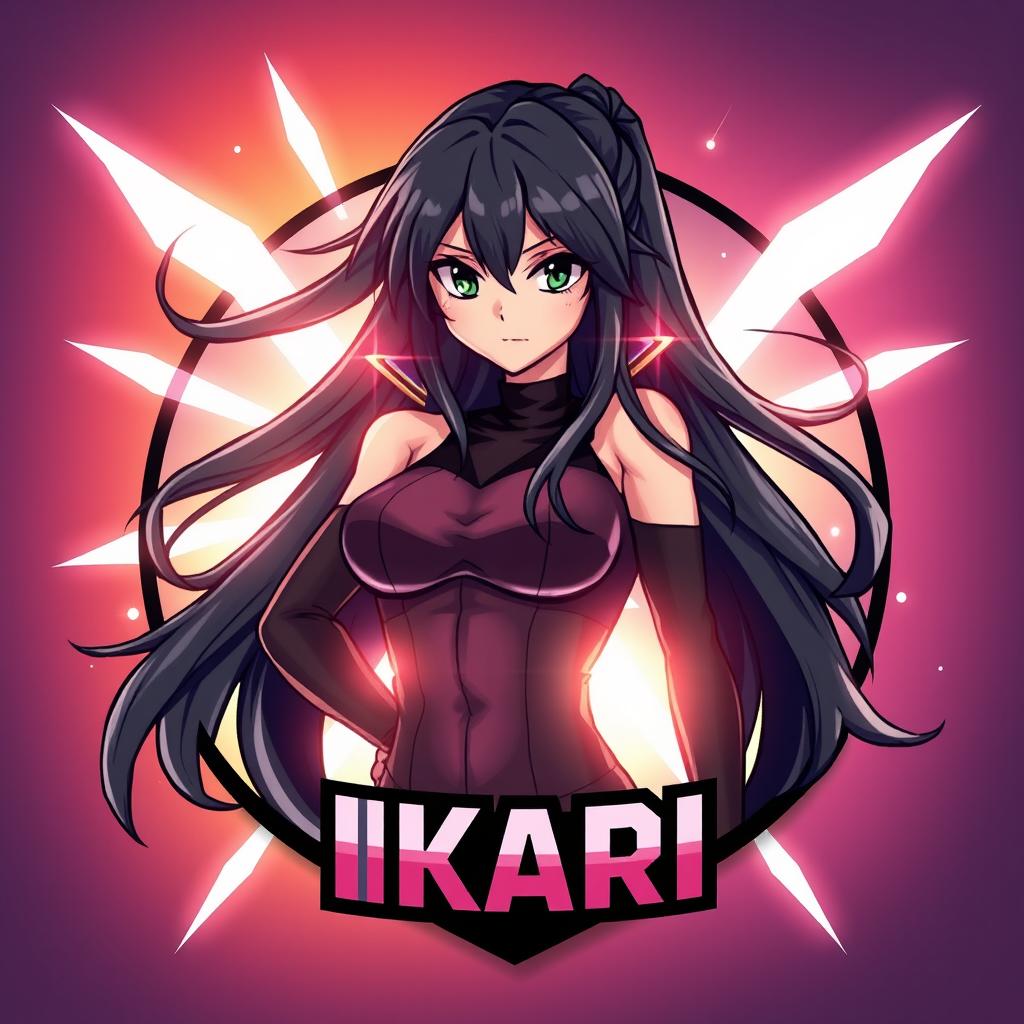 A captivating Discord server icon featuring an anime grown woman with long, flowing black hair and striking, expressive eyes