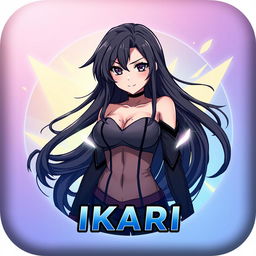 A captivating Discord server icon featuring an anime grown woman with long, flowing black hair and striking, expressive eyes