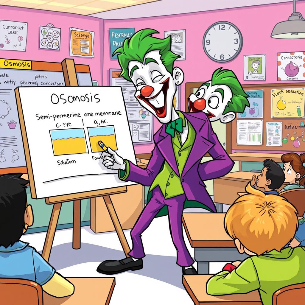 An illustration of the Joker animatedly explaining osmosis