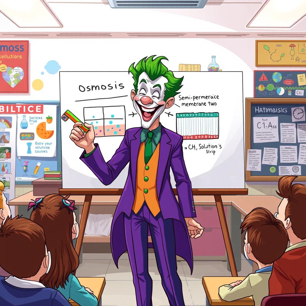 An illustration of the Joker animatedly explaining osmosis