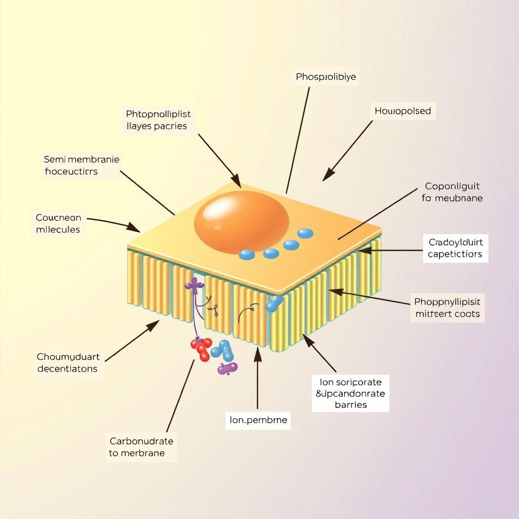 A detailed and educational illustration of a cell membrane structure, showcasing its various components such as the phospholipid bilayer, embedded proteins, cholesterol molecules, and carbohydrate chains