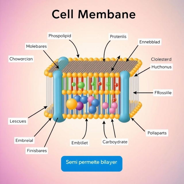 A detailed and educational illustration of a cell membrane structure, showcasing its various components such as the phospholipid bilayer, embedded proteins, cholesterol molecules, and carbohydrate chains