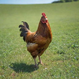 A realistic, vibrant image of a chicken roaming in a lush green farmland under a clear blue sky.