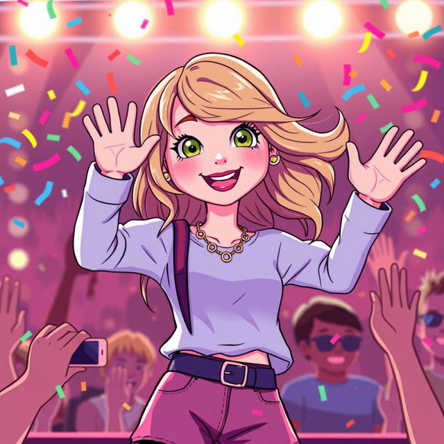 An animated depiction of Taylor Swift happily waving to her fans