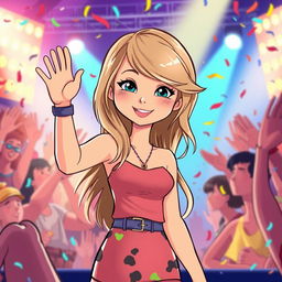 An animated depiction of Taylor Swift happily waving to her fans