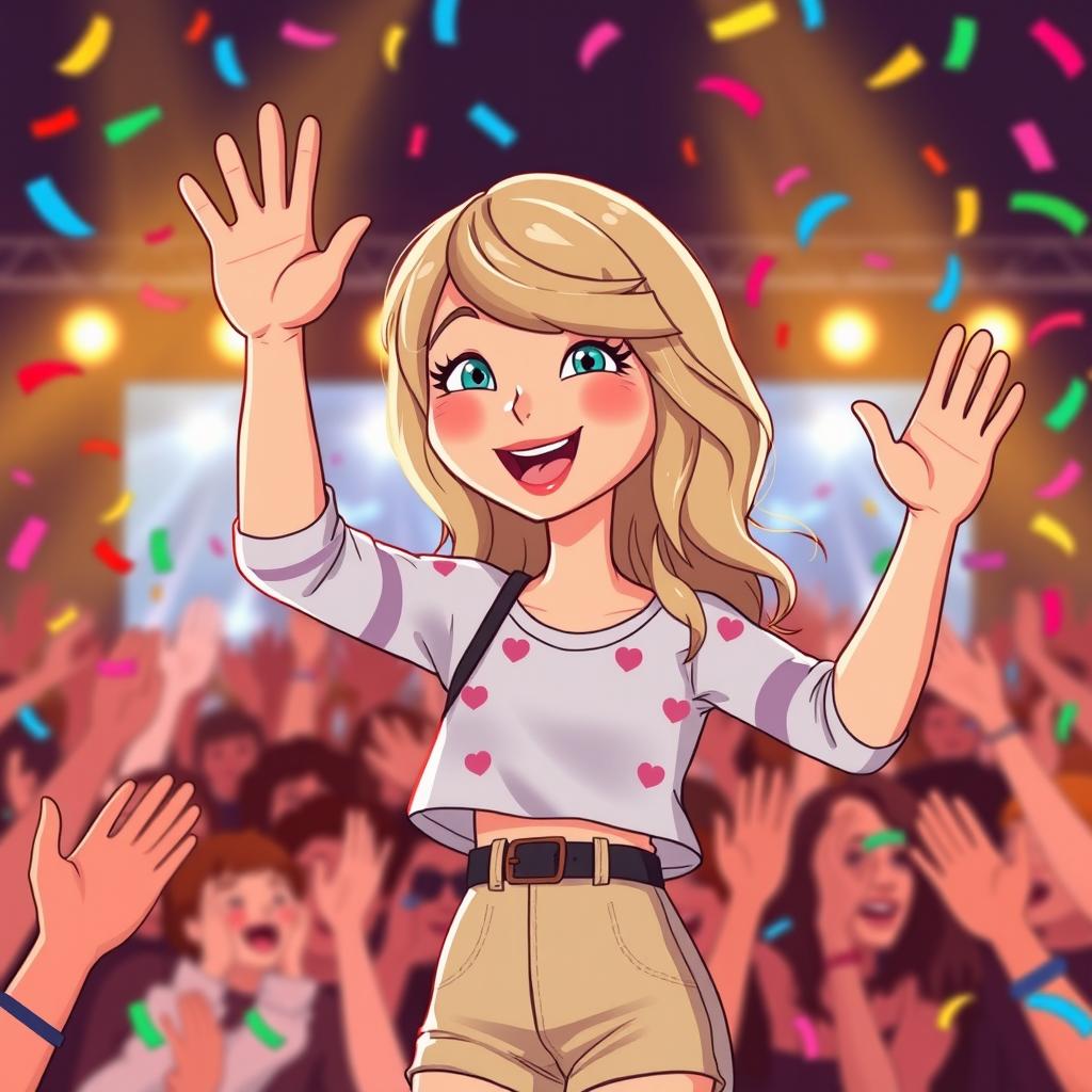 An animated depiction of Taylor Swift happily waving to her fans