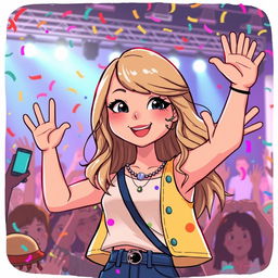 An animated depiction of Taylor Swift happily waving to her fans