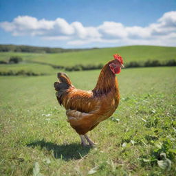 A realistic, vibrant image of a chicken roaming in a lush green farmland under a clear blue sky.