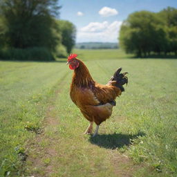 A realistic, vibrant image of a chicken roaming in a lush green farmland under a clear blue sky.