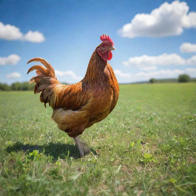 A realistic, vibrant image of a chicken roaming in a lush green farmland under a clear blue sky.