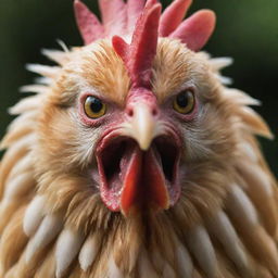 Modify the earlier image of the chicken to depict it as angry; its feathers ruffled and eyes flaring with intensity.