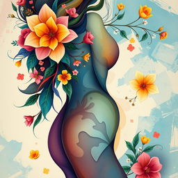 A colorful and artistic representation of femininity, featuring beautiful floral elements intertwined with abstract shapes that evoke a sense of softness and elegance