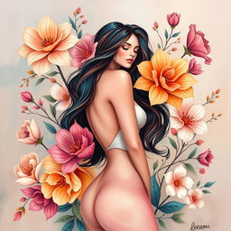 A colorful and artistic representation of femininity, featuring beautiful floral elements intertwined with abstract shapes that evoke a sense of softness and elegance