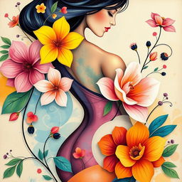 A colorful and artistic representation of femininity, featuring beautiful floral elements intertwined with abstract shapes that evoke a sense of softness and elegance