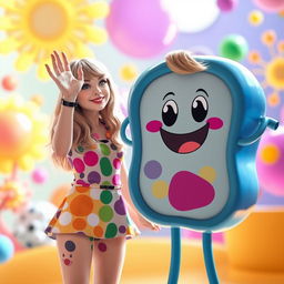 A playful scene featuring Taylor Swift waving alongside a friendly animated cell character