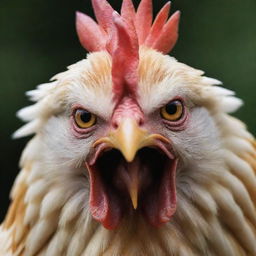 Modify the earlier image of the chicken to depict it as angry; its feathers ruffled and eyes flaring with intensity.