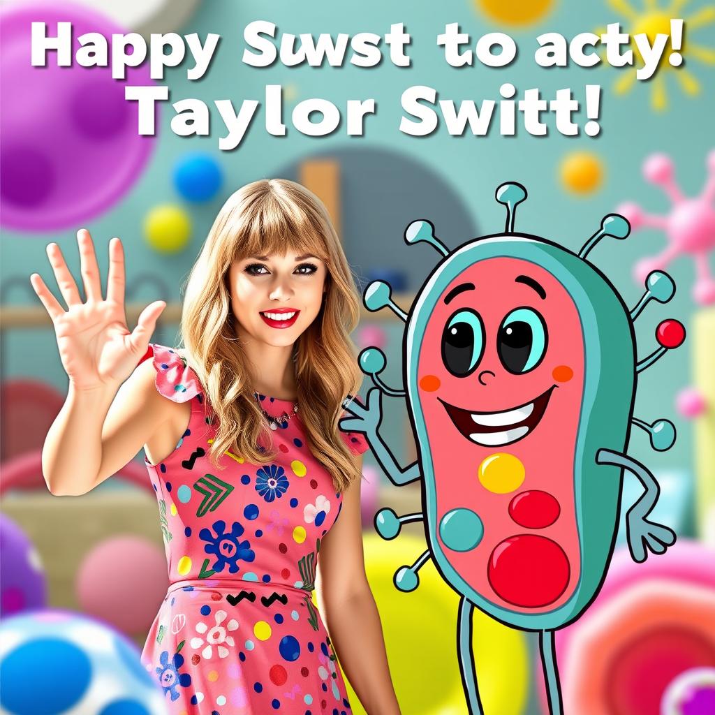 A playful scene featuring Taylor Swift waving alongside a friendly animated cell character