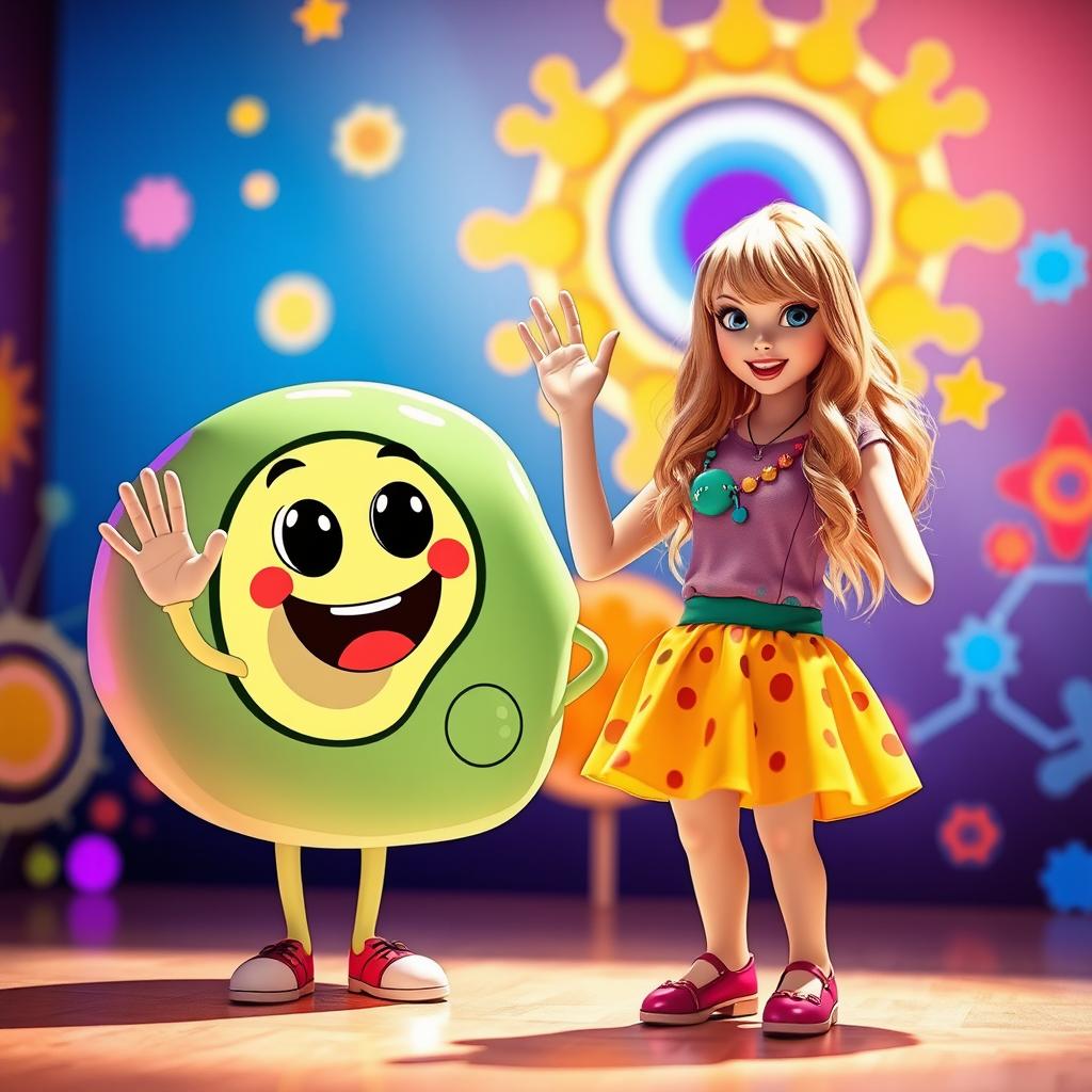 A playful scene featuring Taylor Swift waving alongside a friendly animated cell character