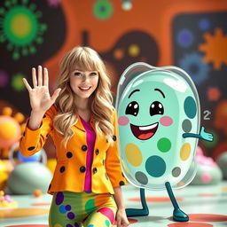 A playful scene featuring Taylor Swift waving alongside a friendly animated cell character