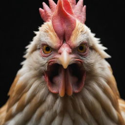 Modify the earlier image of the chicken to depict it as angry; its feathers ruffled and eyes flaring with intensity.