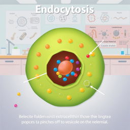 An educational illustration of endocytosis showing a cell membrane engulfing extracellular material