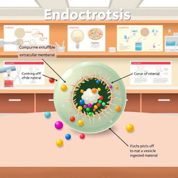 An educational illustration of endocytosis showing a cell membrane engulfing extracellular material