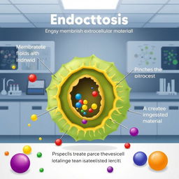 An educational illustration of endocytosis showing a cell membrane engulfing extracellular material