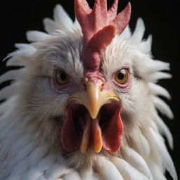 Modify the earlier image of the chicken to depict it as angry; its feathers ruffled and eyes flaring with intensity.