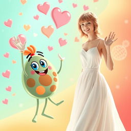 A whimsical scene featuring Taylor Swift in a beautiful white dress, joyfully waving alongside a friendly animated cell character