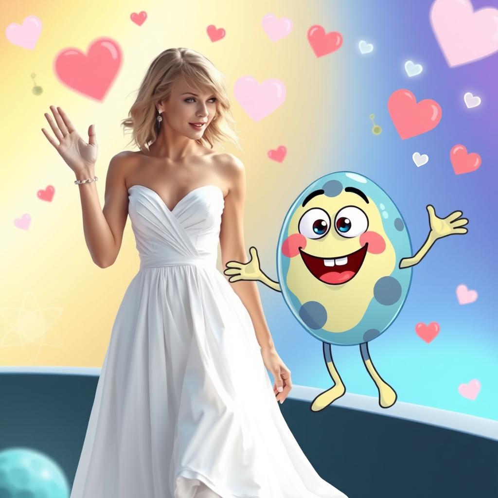 A whimsical scene featuring Taylor Swift in a beautiful white dress, joyfully waving alongside a friendly animated cell character