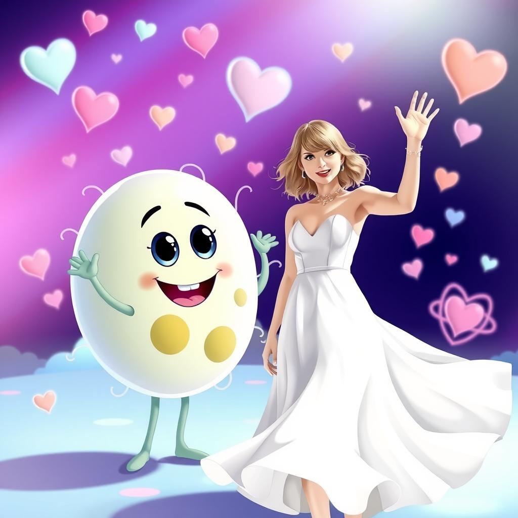 A whimsical scene featuring Taylor Swift in a beautiful white dress, joyfully waving alongside a friendly animated cell character