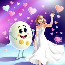 A whimsical scene featuring Taylor Swift in a beautiful white dress, joyfully waving alongside a friendly animated cell character