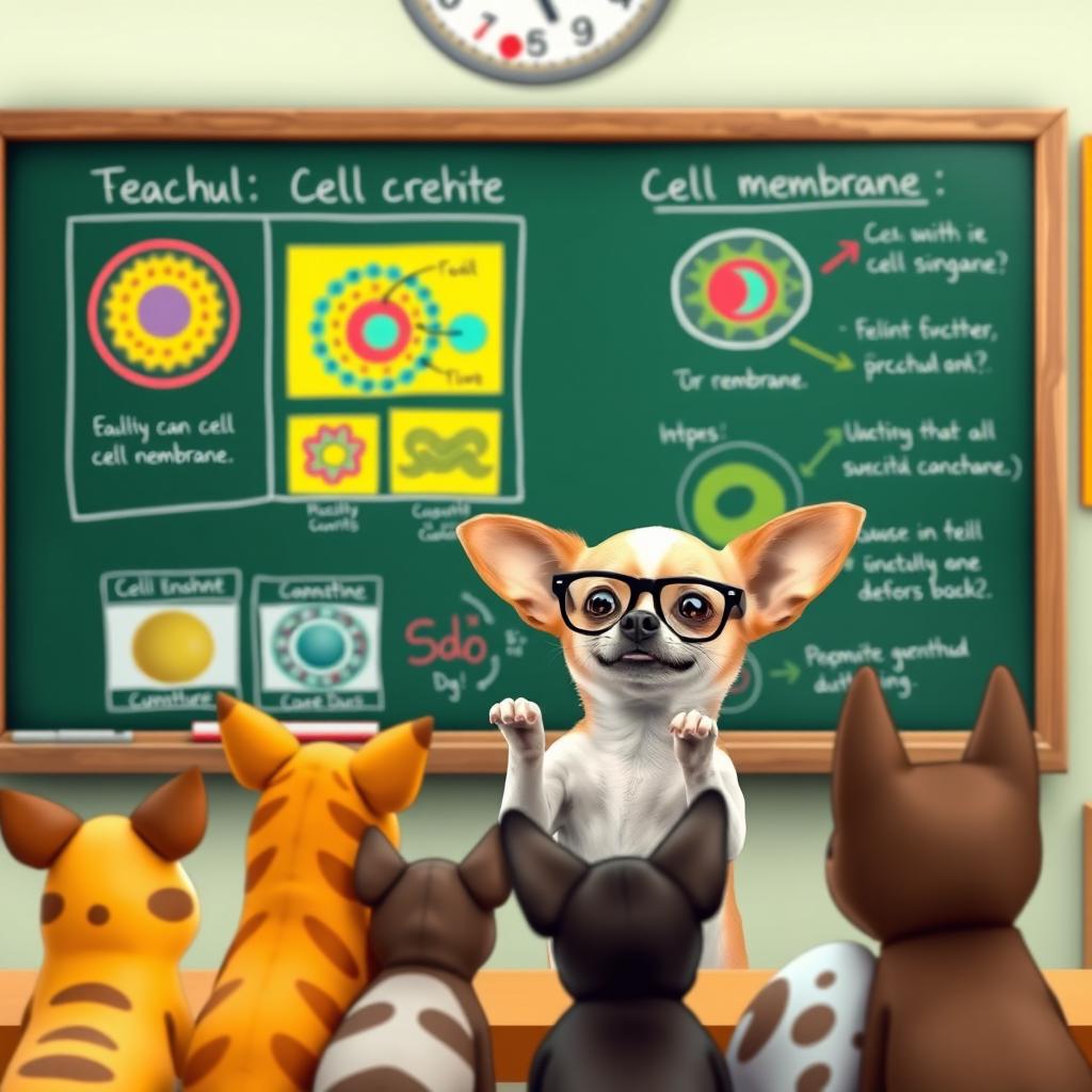 A cute Chihuahua dog standing at a chalkboard, wearing glasses and speaking to an audience of various animal friends