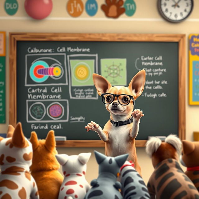 A cute Chihuahua dog standing at a chalkboard, wearing glasses and speaking to an audience of various animal friends