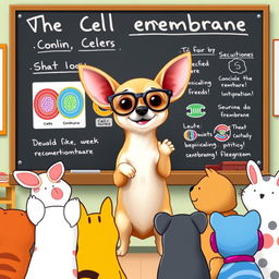 A cute Chihuahua dog standing at a chalkboard, wearing glasses and speaking to an audience of various animal friends