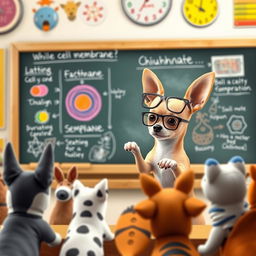 A cute Chihuahua dog standing at a chalkboard, wearing glasses and speaking to an audience of various animal friends